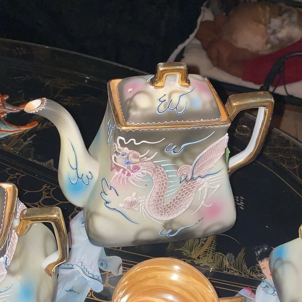 Vintage 21pc Moriyama Dragonwear hand painted Tea Set Japan Blue Bead Eyes